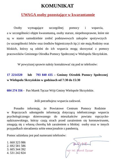 Komunikat dla osób przebywajacych w kwarantannie