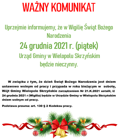 W Wigilię Świąt Bożego Narodzenia Urząd Gminy będzie nieczynny