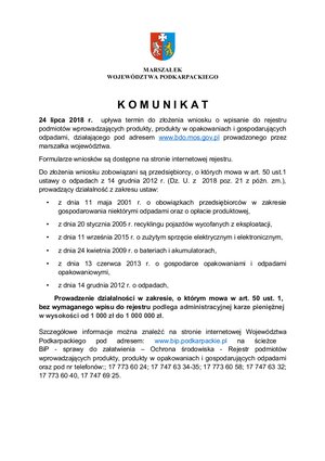 Komunikat Marszałka Województwa Podkarpackiego skierowany do przedsiębiorców