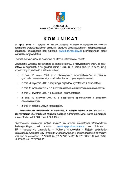 Komunikat Marszałka Województwa Podkarpackiego skierowany do przedsiębiorców