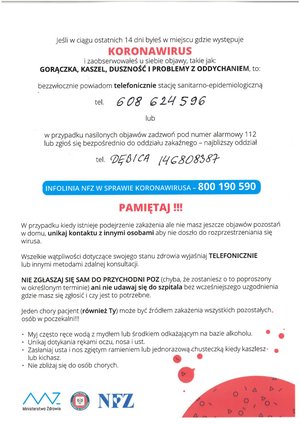 Instrukcja postępowania w przypadku podejrzenia zakażenia koronawirusem