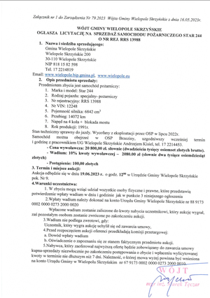 WÓJT GMINY WIELOPOLE SKRZYŃSKIE OGŁASZA AUKCJĘ DOTYCZĄCĄ SPRZEDAŻY SAMOCHODU POŻARNICZEGO STAR 244