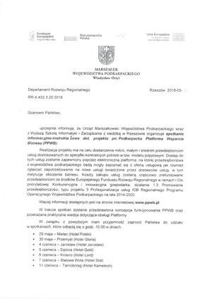 Zaproszenia na spotkania informacyjno - instruktażowe dotyczące Projektu pn. Podkarpacka Platforma Wsparcia Biznesu