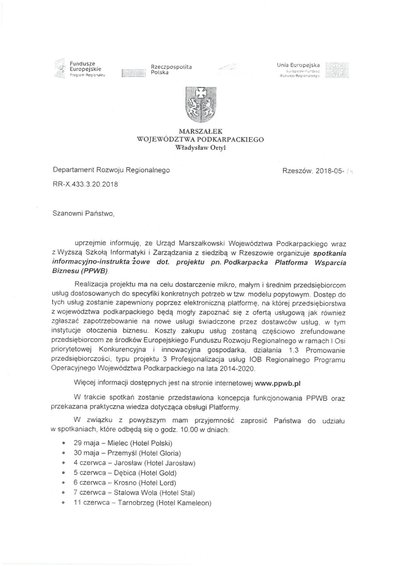 Zaproszenia na spotkania informacyjno - instruktażowe dotyczące Projektu pn. Podkarpacka Platforma Wsparcia Biznesu