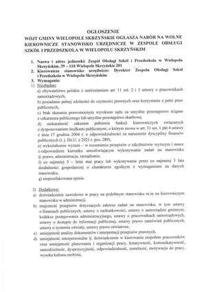 Wójt Gminy Wielopole Skrzyńskie ogłasza nabór na wolne kierownicze stanowisko urzędnicze w Zespole Obsługi Szkół i Przedszkola w Wielopolu Skrzyńskim