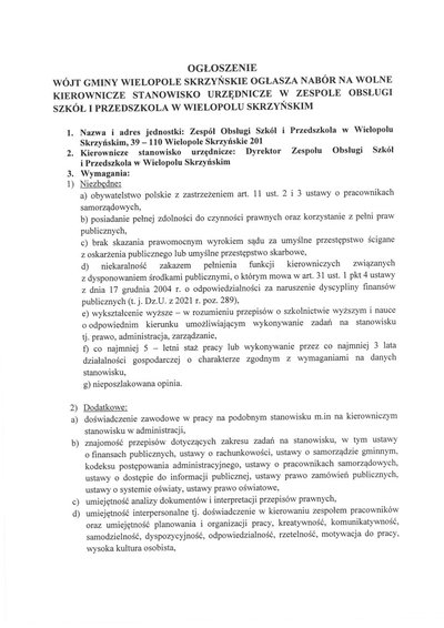 Wójt Gminy Wielopole Skrzyńskie ogłasza nabór na wolne kierownicze stanowisko urzędnicze w Zespole Obsługi Szkół i Przedszkola w Wielopolu Skrzyńskim