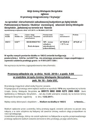 III przetarg nieograniczony (licytacja) na sprzedaż nieruchomości zabudowanej budynkiem po byłej Szkole Podstawowej w Nawsiu (Budzisz)