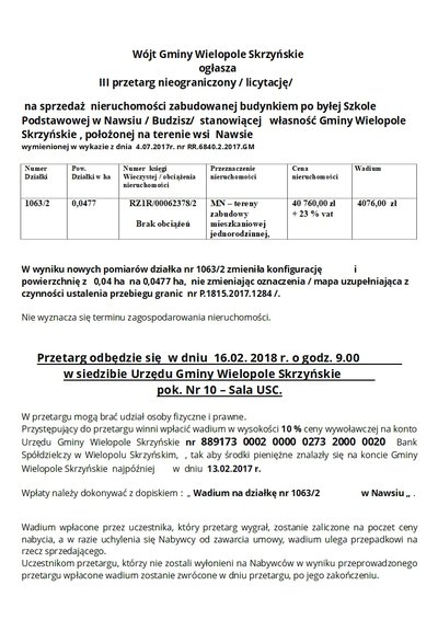 III przetarg nieograniczony (licytacja) na sprzedaż nieruchomości zabudowanej budynkiem po byłej Szkole Podstawowej w Nawsiu (Budzisz)