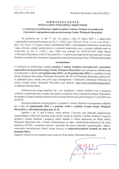 Obwieszczenie Wójta Gminy Wielopole Skrzyńskie o wyłożeniu do publicznego wglądu projektu I zmiany Studium uwarunkowań i kierunków zagospodarowania przestrzennego Gminy Wielopole Skrzyńskie