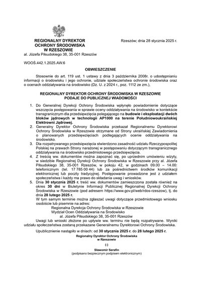 Obwieszczenie Regionalnego Dyrektora Ochrony Środowiska w Rzeszowie