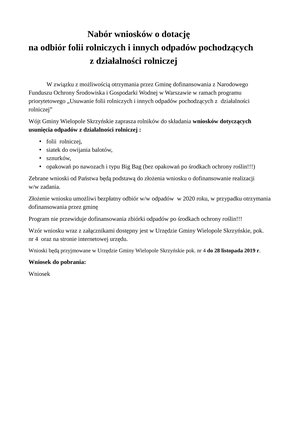 Nabór wniosków o dotację  na odbiór folii rolniczych i innych odpadów pochodzących z działalności rolniczej