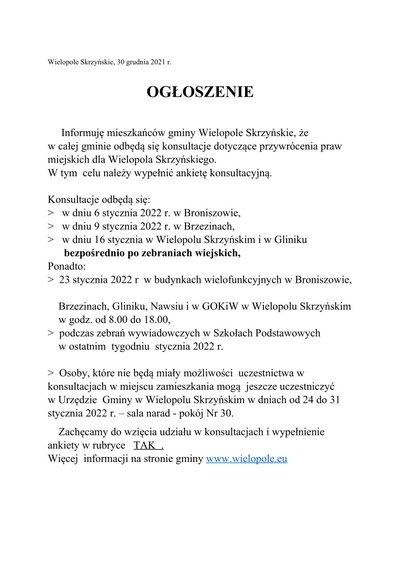 konsultacje dotyczące przywrócenia praw miejskich dla Wielopola Skrzyńskiego