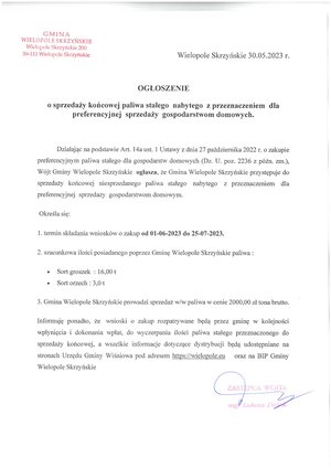 Ogłoszenie o sprzedaży końcowej paliwa stałego