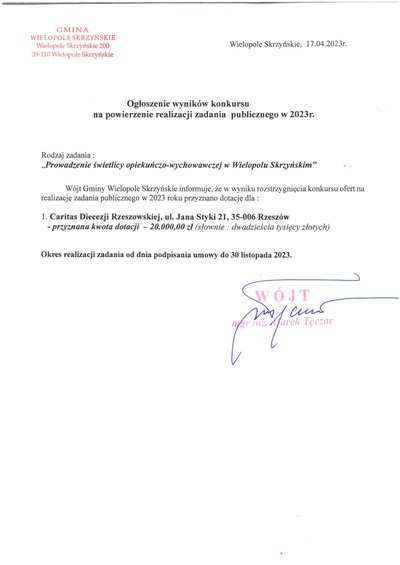 Ogłoszenie wyników konkursu na powierzenie realizacji zadania publicznego w 2023r.