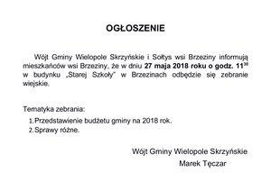 Zebranie dla Mieszkańców sołectwa Brzeziny