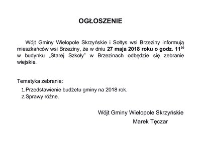 Zebranie dla Mieszkańców sołectwa Brzeziny