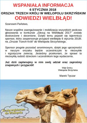 6 stycznia 2018 na "Orszak Trzech Króli" do Wielopola Skrzyńskiego przybędzie WIELBŁĄD!