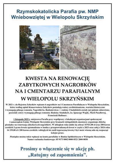 Kwesta na renowację zabytkowych nagrobków na I cmentarzu parafialnym w Wielopolu Skrzyńskim