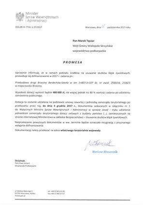 Promesa na dofinansowanie przebudowy drogi Brzeziny-Berdechów-Szkoła