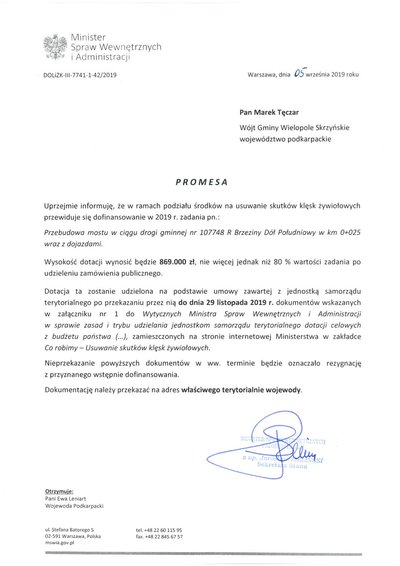 Promesa dla Gminy Wielopole Skrzyńskie na przebudowę mostu w ciągu drogi gminnej Brzeziny Dół Południowy