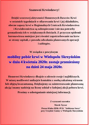 Informacja o przeniesieniu Akcji Honorowego Oddawania Krwi