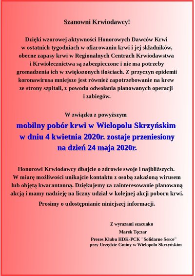 Informacja o przeniesieniu Akcji Honorowego Oddawania Krwi