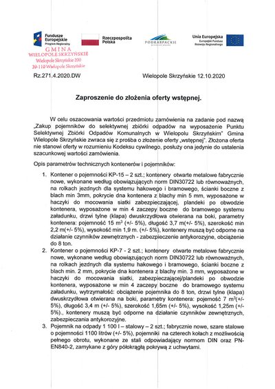 Zakup pojemników do selektywnej zbiórki odpadów na wyposażenie PSZOK w Wielopolu Skrzyńskim