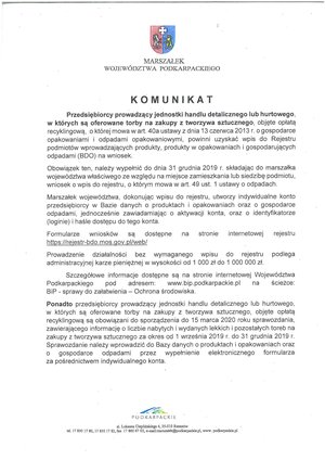 Komunikat dla przedsiębiorców jednostek handlu detalicznego lub hurtowego, w których są oferowane torby na zakupy z tworzywa sztucznego