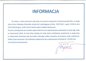 Informacja dotycząca czasowego zamknięcia wodociągu w miejscowości Glinik