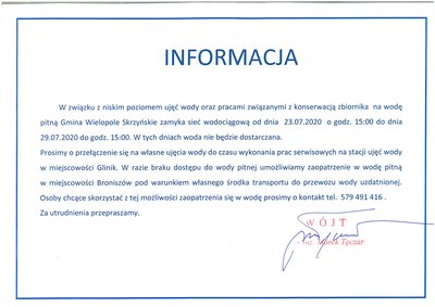 Informacja dotycząca czasowego zamknięcia wodociągu w miejscowości Glinik