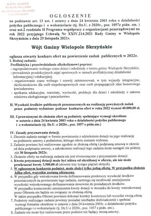 Ogłoszenie o konkursie ofert na powierzenie zadań publicznych w 2022 roku