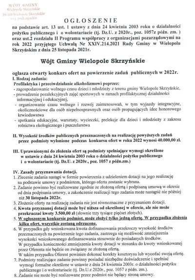 Ogłoszenie o konkursie ofert na powierzenie zadań publicznych w 2022 roku