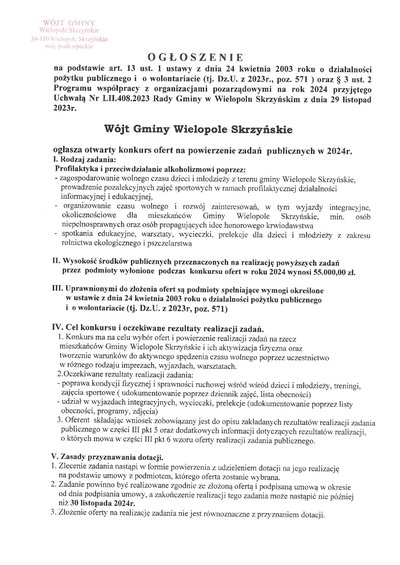 Ogłoszenie o konkursie ofert na powierzenie zadań publicznych w 2024 r.