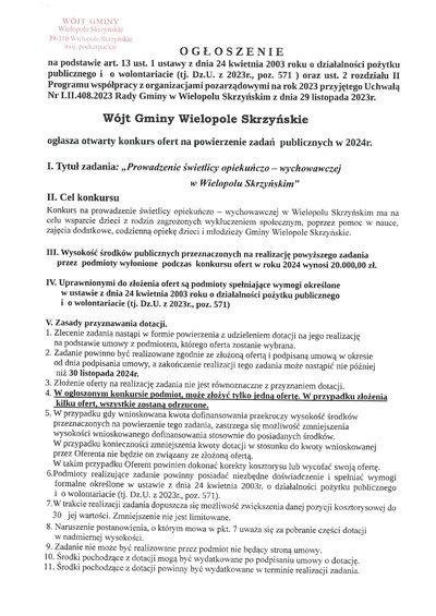 OGŁOSZENIE O KONKURSIE OFERT NA POWIERZENIE ZADAŃ PUBLICZNYCH W 2024 R.