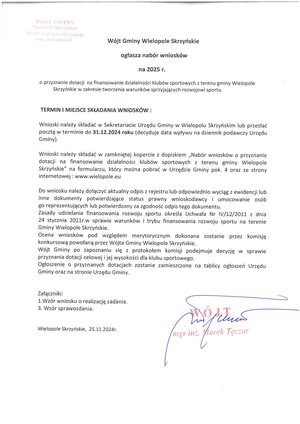Wójt Gminy Wielopole Skrzyńskie ogłasza nabór wniosków na 2025 rok