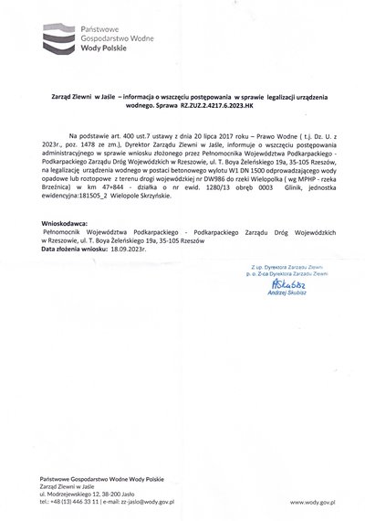 Informacja o wszczęciu postępowania w sprawie legalizacji urządzenia wodnego