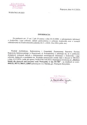 Informacja o budowie kładki dla pieszych nad korytem rzeki Wielopolka