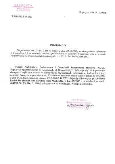 Informacja o budowie kładki dla pieszych nad korytem rzeki Wielopolka