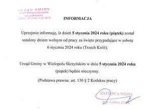 INFORMACJA O CZASIE PRACY URZĘDU W DNIU 5 Stycznia 2024 r.
