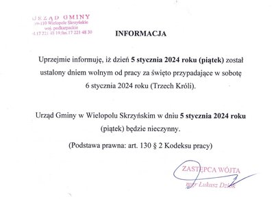 INFORMACJA O CZASIE PRACY URZĘDU W DNIU 5 Stycznia 2024 r.