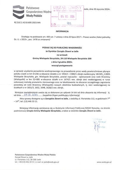 Informacja Dyrektora Zarządu Zlewni w Jaśle