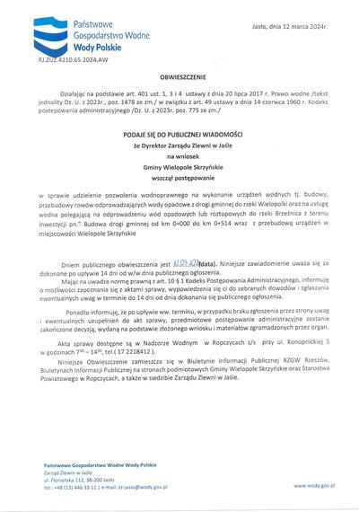 Obwieszczenie Dyrektora Zarządu Zlewni w Jaśle