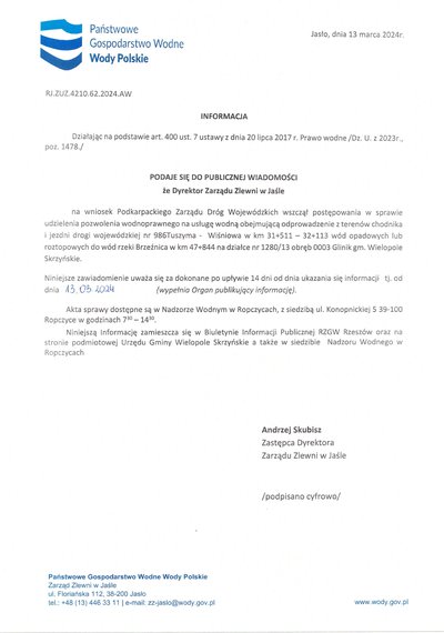 Informacja Dyrektora Zarządu Zlewni w Jaśle