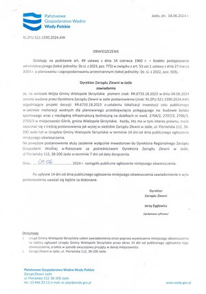 Obwieszczenie Dyrektora Zarządu Zlewni w Jaśle