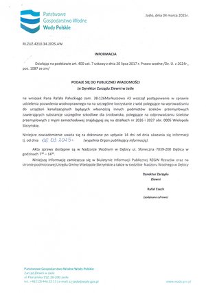 Informacja Dyrektora Zarządu Zlewni w Jaśle