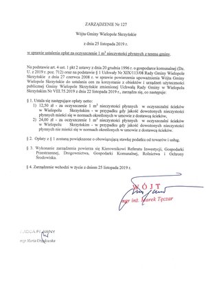 Zarządzenie Wójta Gminy Wielopole Skrzyńskie w sprawie ustalenia opłat za oczyszczenie 1m3 nieczystości płynnych z terenu gminy