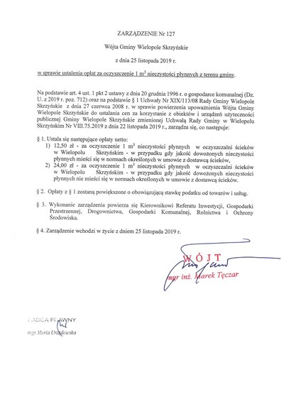 Zarządzenie Wójta Gminy Wielopole Skrzyńskie w sprawie ustalenia opłat za oczyszczenie 1m3 nieczystości płynnych z terenu gminy