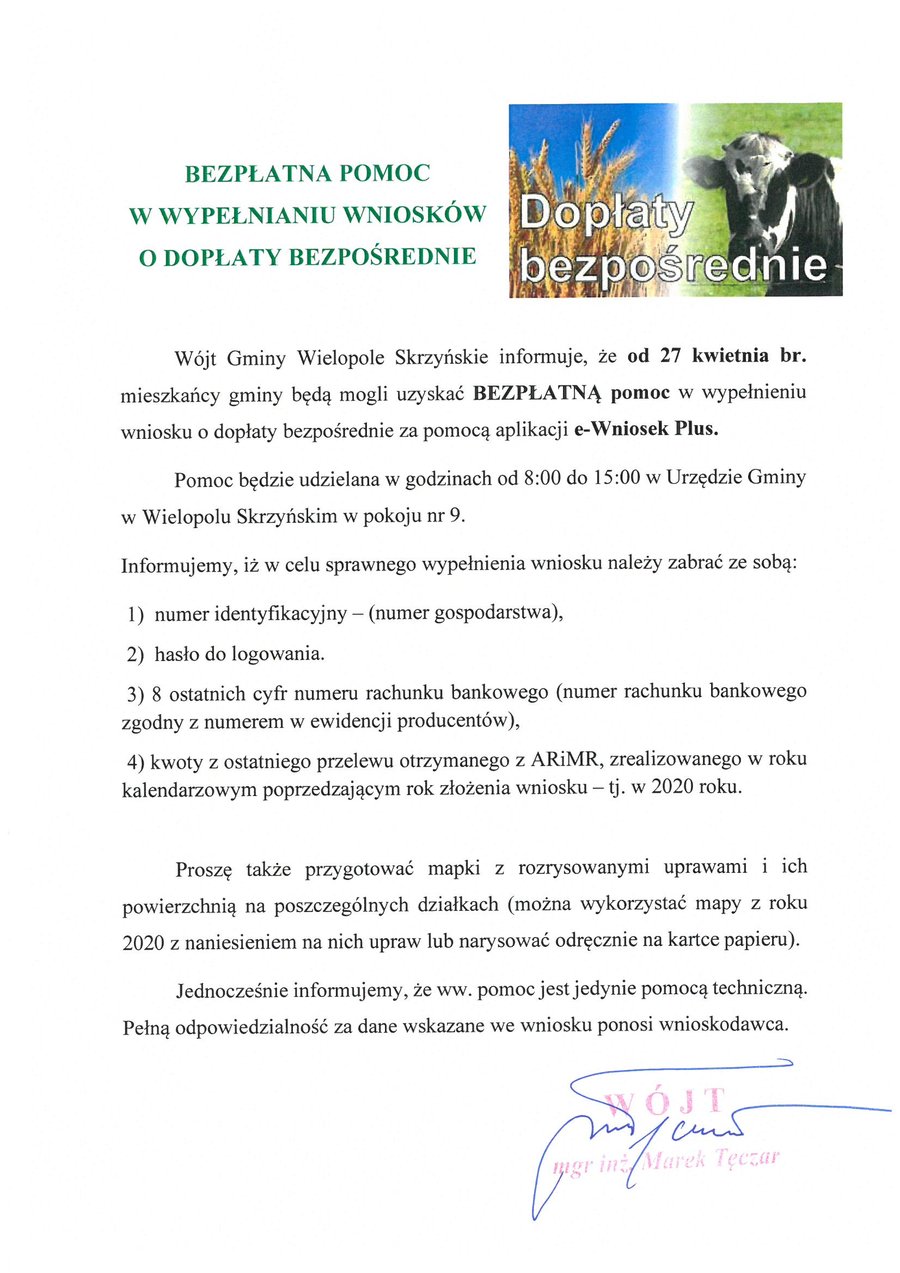 INFORMACJA O BEZPŁATNEJ POMOCY W WYPEŁNIANIU WNIOSKÓW O DOPŁATY BEZPOŚREDNIE