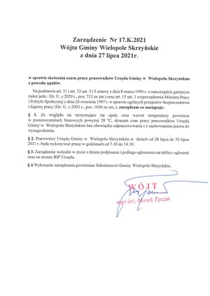 Zarządzenie Wójta Gminy Wielopole Skrzyńskie w sprawie skrócenia czasu pracy pracowników Urzędu Gminy