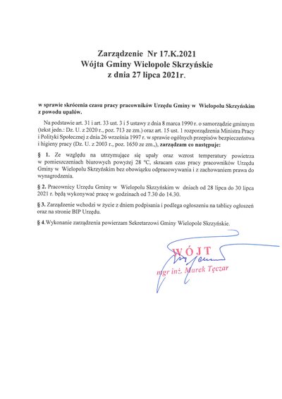Zarządzenie Wójta Gminy Wielopole Skrzyńskie w sprawie skrócenia czasu pracy pracowników Urzędu Gminy